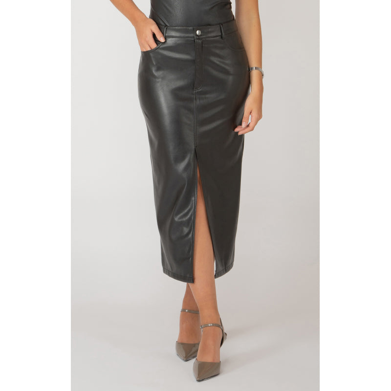 Black Tape Faux Leather Midi Skirt