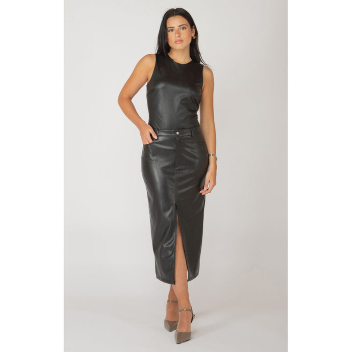 Black Tape Faux Leather Midi Skirt