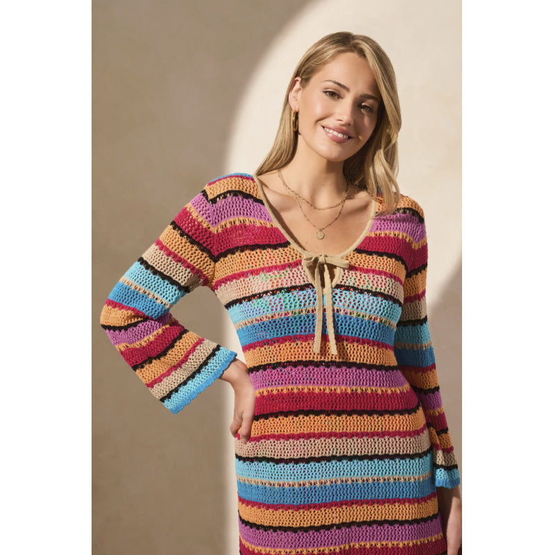 Robe cache-cœur à manches cloche en tricot crocheté tribal
