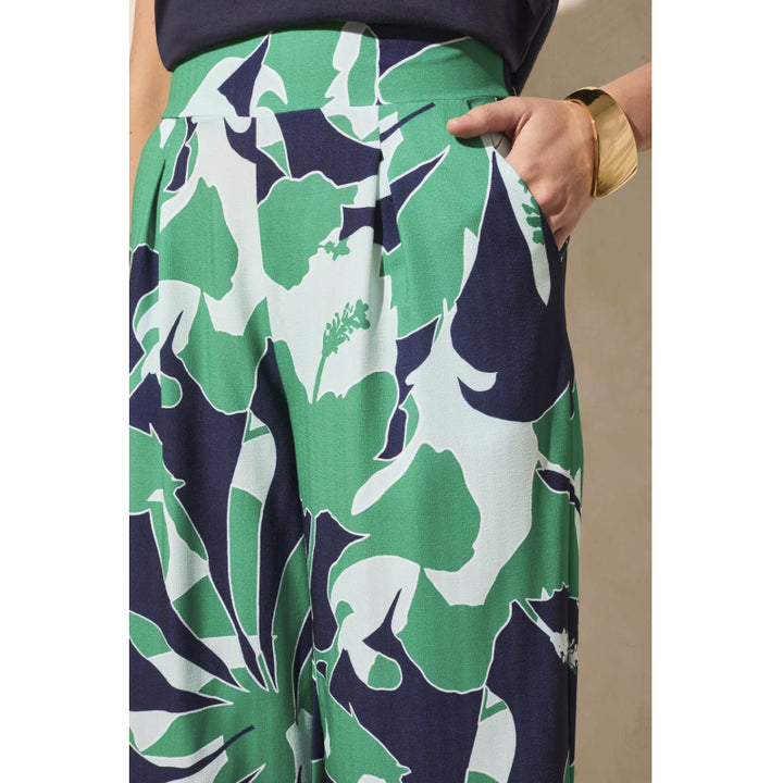 Tribal Foliage Print Wide Leg Pull On Ankle Pant