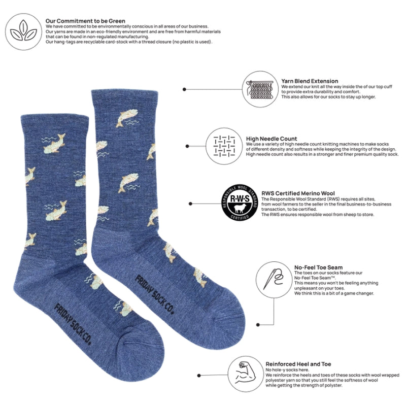 Friday Sock Co. Chaussettes Homme en Laine Mérinos Motif Poisson