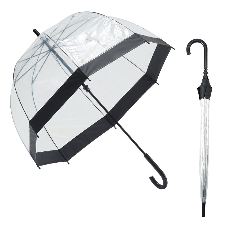 Clear umbrella with black trim and handle on a white background