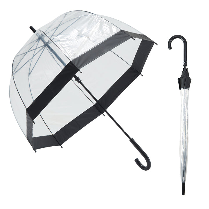 Clear umbrella with black trim and handle on a white background