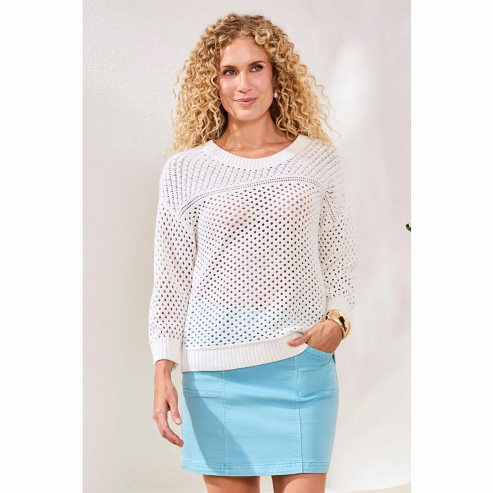 Pull Tribal à col rond et maille ajourée, manches 3/4
