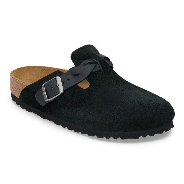 Birkenstock Boston Braid Daim Noir / Cuir Huilé - Étroit