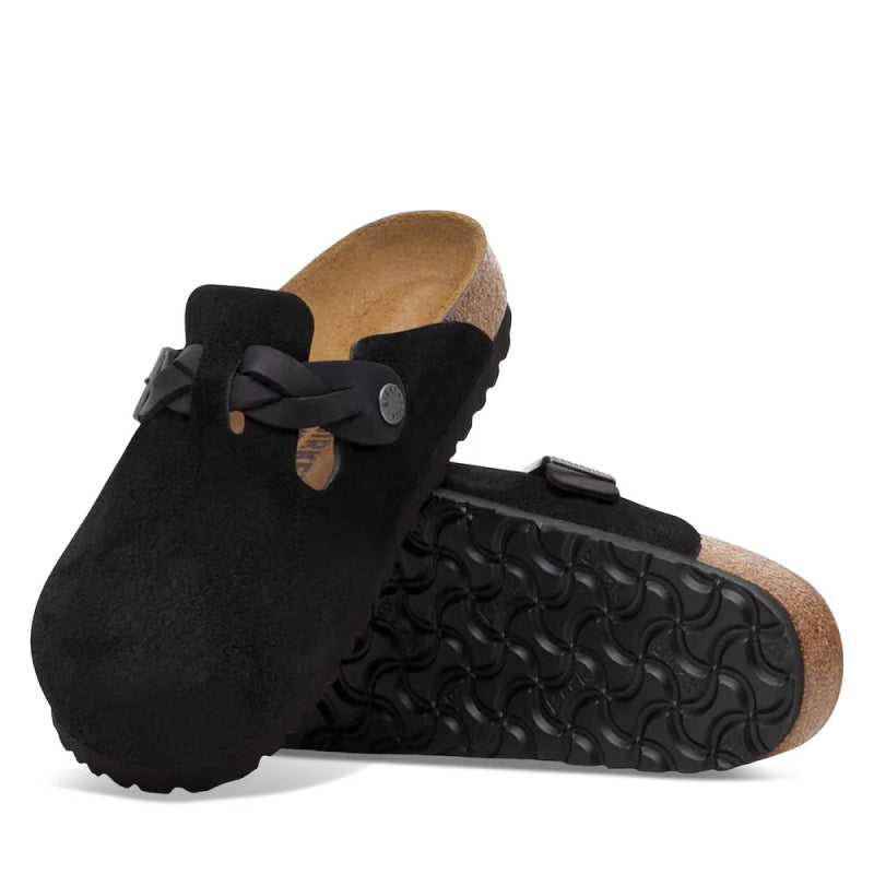 Birkenstock Boston Braid Daim Noir / Cuir Huilé - Étroit