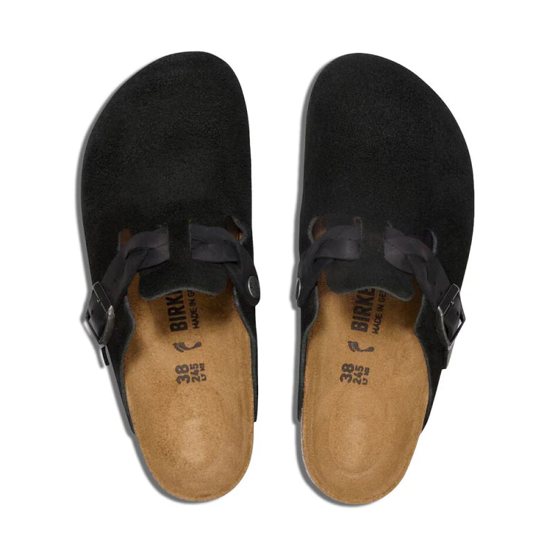 Birkenstock Boston Braid Daim Noir / Cuir Huilé - Étroit