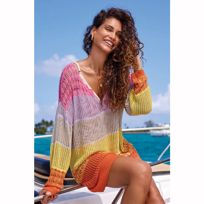 Robe cache-maillot ajourée rayée ombrée Tribal