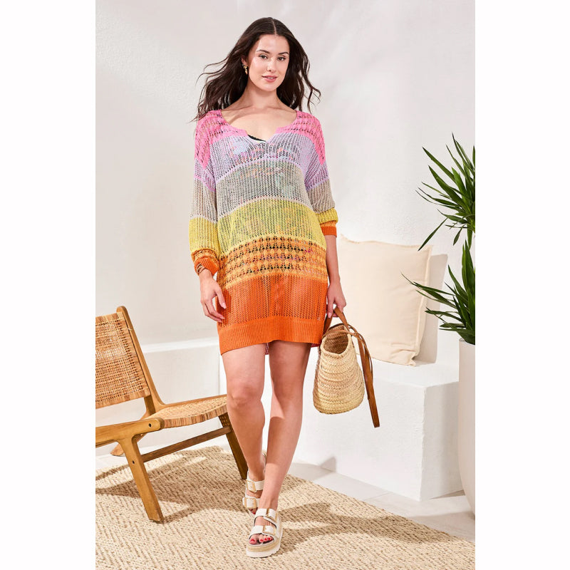 Robe cache-maillot ajourée rayée ombrée Tribal