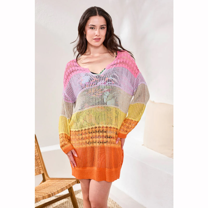 Robe cache-maillot ajourée rayée ombrée Tribal