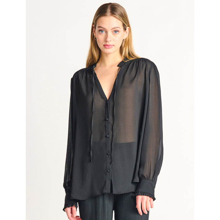 Black Tape Ruffle Detail Tie-Front Peasant Blouse