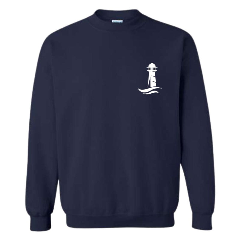 Navy blue sweatshirt with a white lighthouse design on a white background