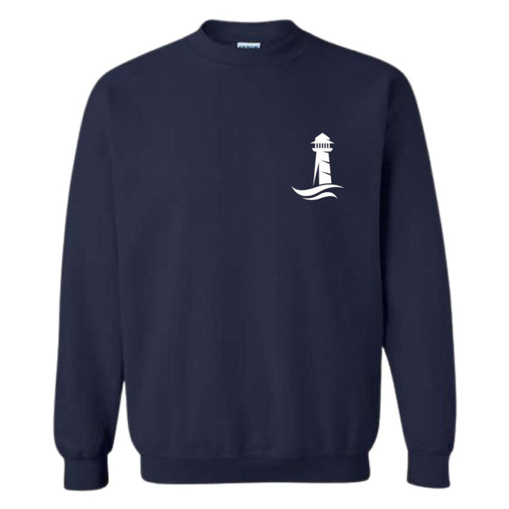 Navy blue sweatshirt with a white lighthouse design on a white background