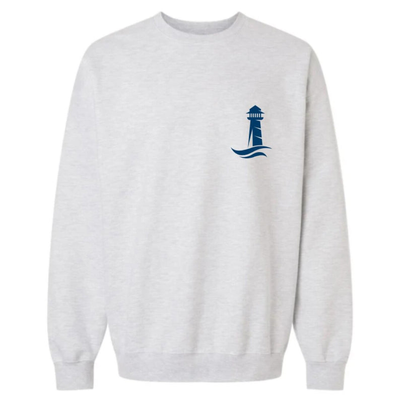 White sweatshirt with a blue lighthouse design on a white background