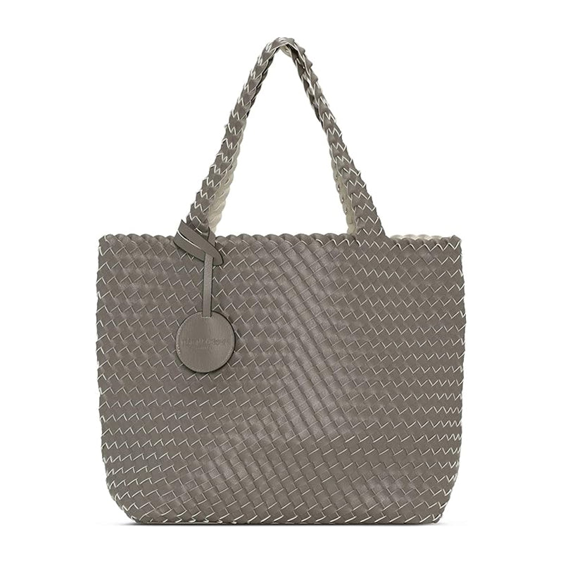 Gray woven handbag with a circular tag on a white background