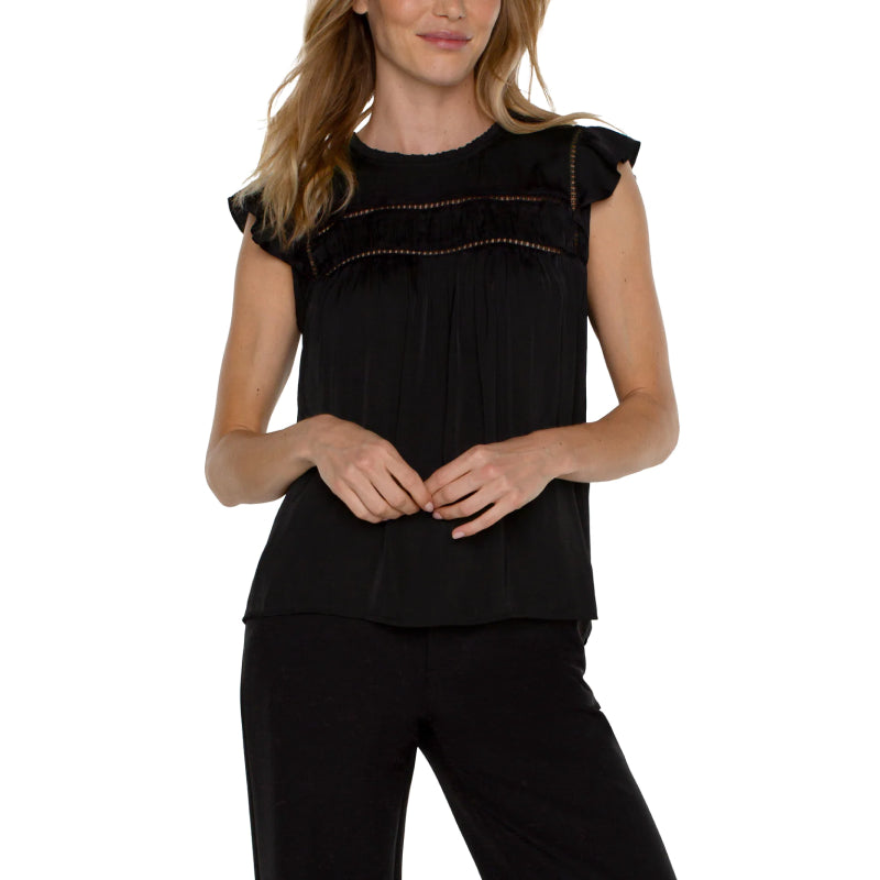 Liverpool Flutter Sleeve Woven Top with Trim Detail