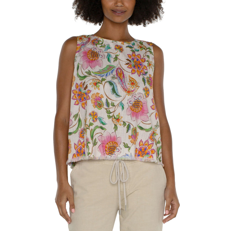 Liverpool Sleeveless Woven Top with Button Back & Fray