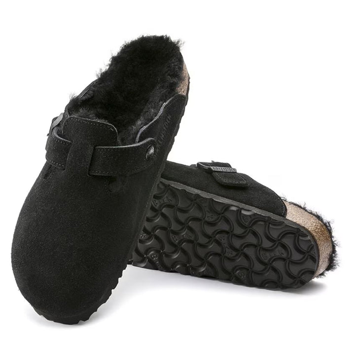 Birkenstock Boston Shearling Cuir Velours Noir - Coupe normale