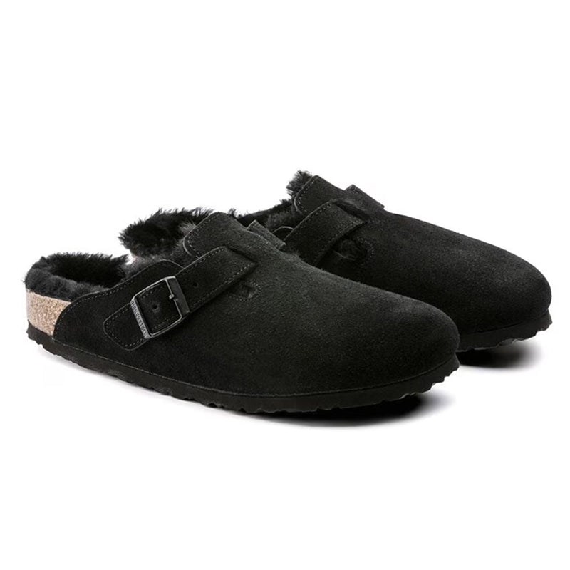 Birkenstock Boston Shearling Cuir Velours Noir - Coupe normale