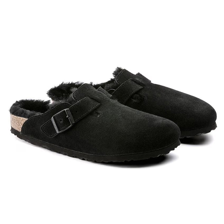 Birkenstock Boston Shearling Cuir Velours Noir - Coupe normale