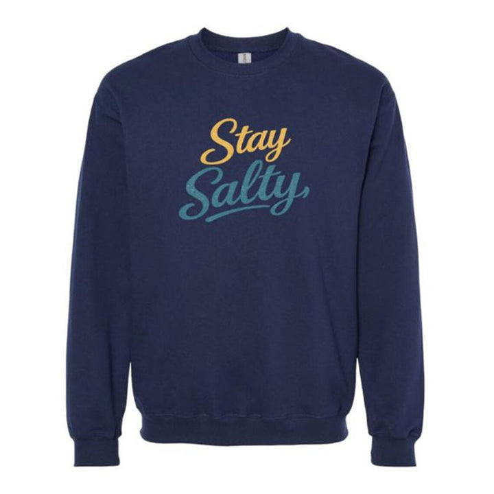 Navy blue sweatshirt with 'Stay Salty' text in yellow and teal on a white background