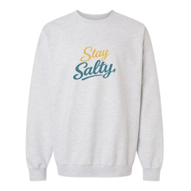 Gray sweatshirt with 'Stay Salty' text on a white background