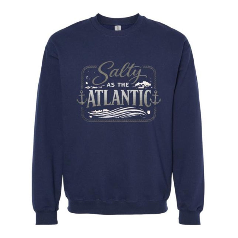 Navy blue sweatshirt with 'Salty as the Atlantic' text and graphics on a white background