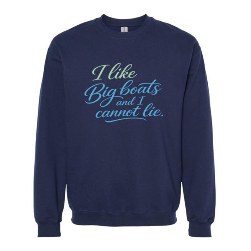 Navy blue sweatshirt with blue text on a white background