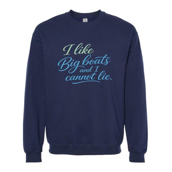 Navy blue sweatshirt with blue text on a white background