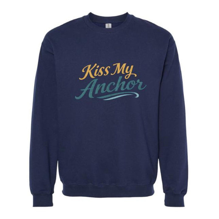 Navy blue sweatshirt with 'Kiss My Anchor' text on a white background