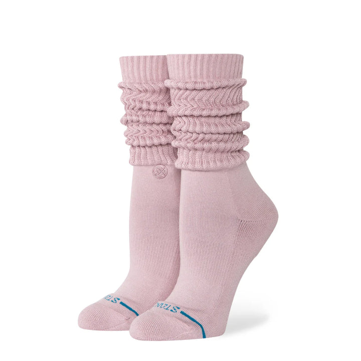 Pair of pink socks with textured design on a white background