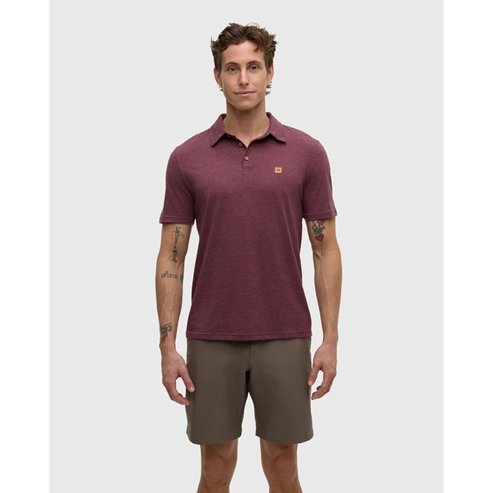 Man wearing a maroon polo shirt and brown shorts on a white background