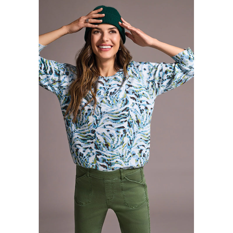 Pull col rond en fil doux avec manches trois-quarts à motif tribal