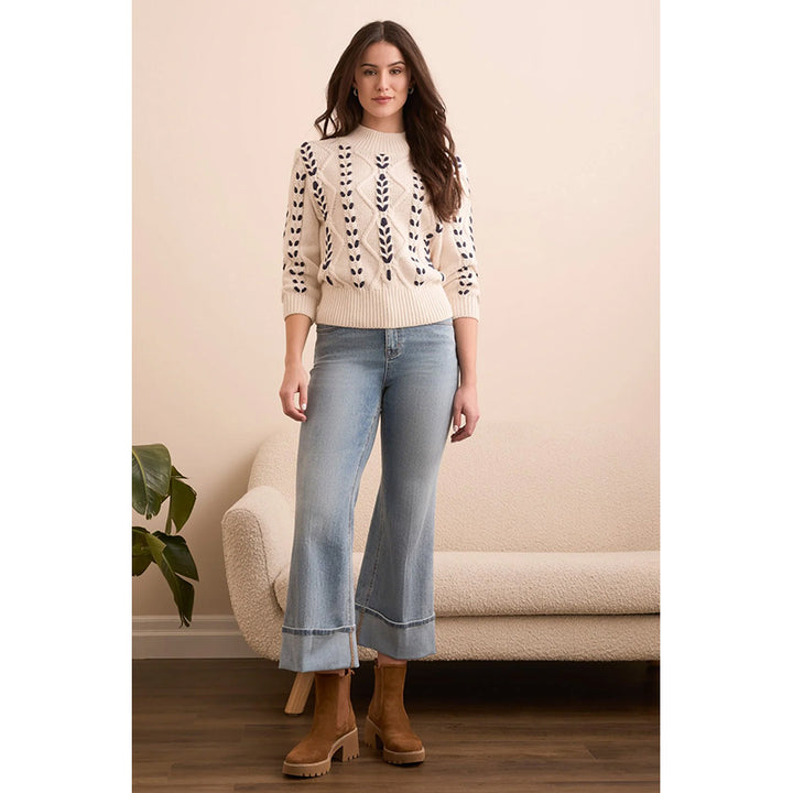 Pull tribal à col montant en maille torsadée et manches 3/4