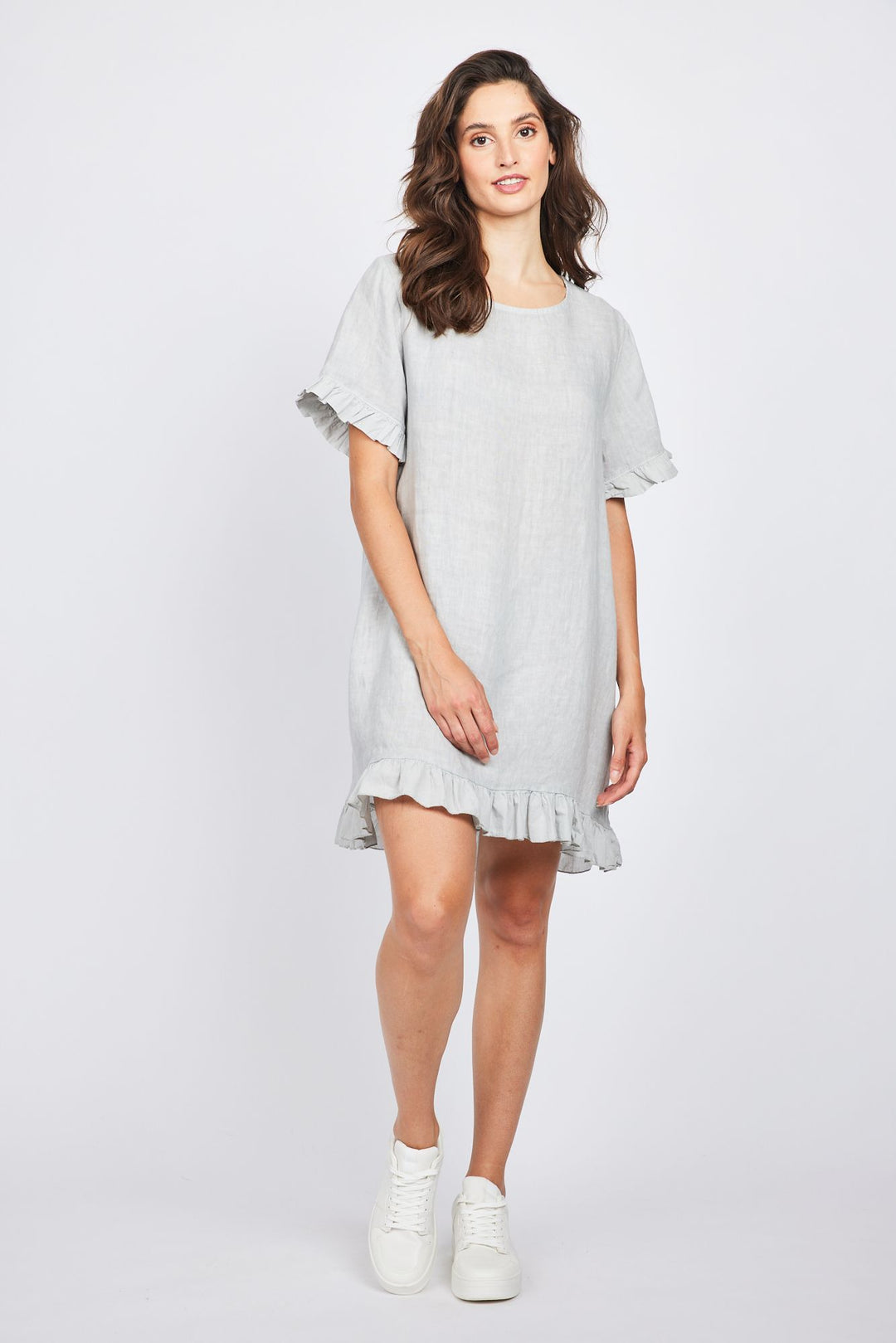 Pistache Ruffle Trim Linen Dress