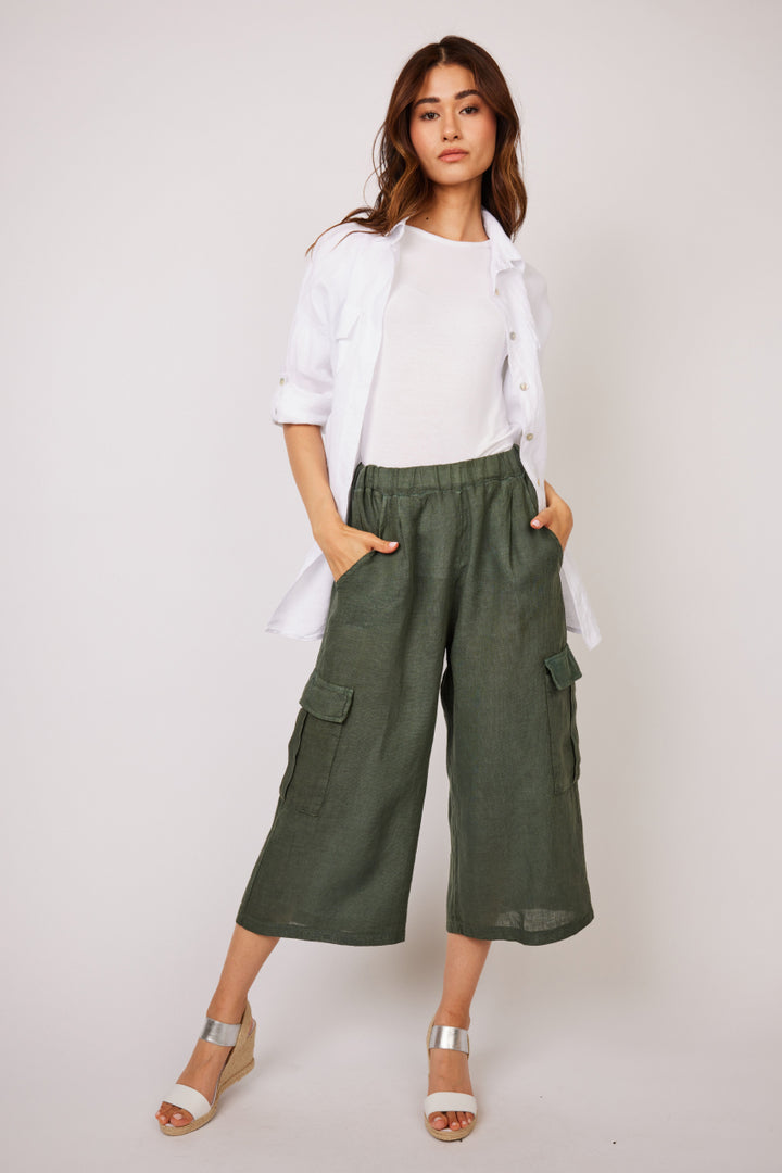 Pistache Cropped Linen Cargo Pant