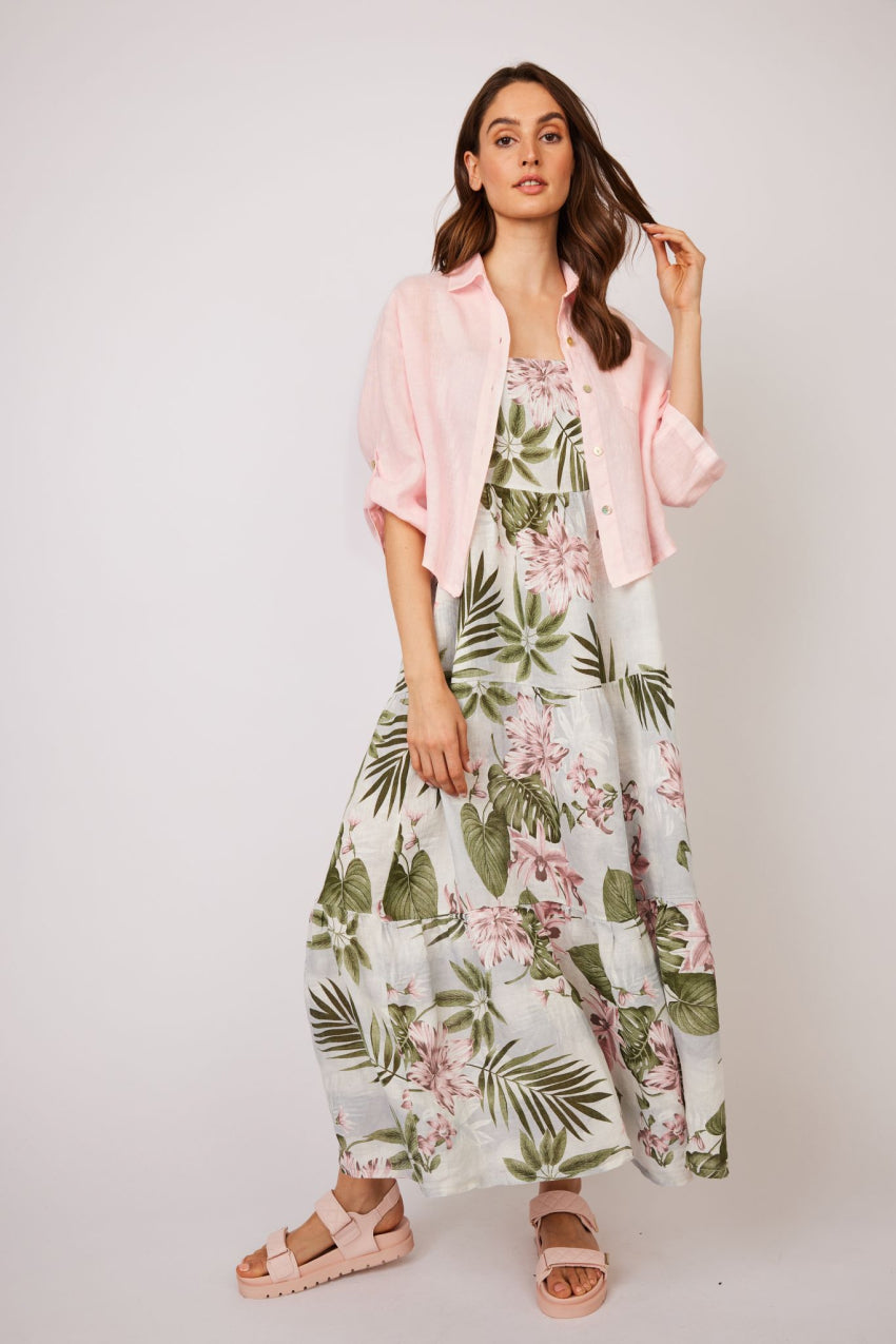 Pistache Sleeveless Long Linen Panelled Dress